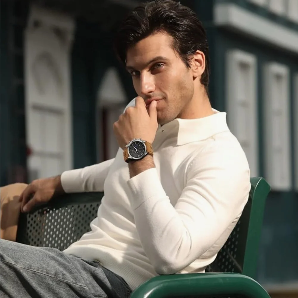 Benyar Men's Chronograph Watch - Black Dial Brown Leather Strap